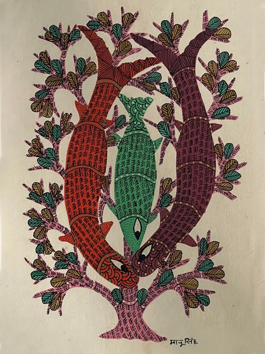 Handmade Tribal Gond Painting of a group of fish nesting around underwater plants 