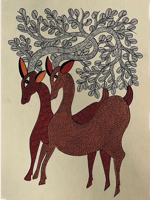Handmade Tribal Gond Painting of a deer couple frolicking in the forest