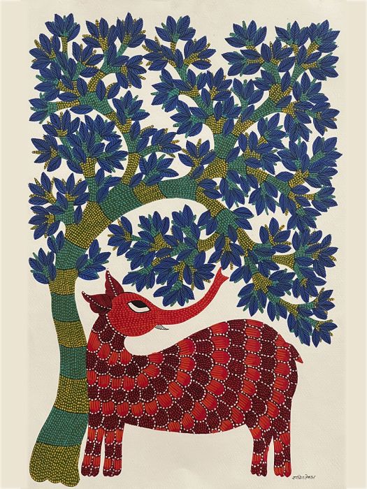 Handmade Tribal Gond Painting of an elephant in the forest