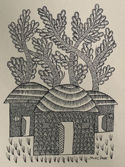 Handmade Tribal Gond Painting of a tribal village
