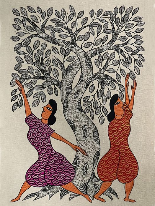 Handmade Tribal Gond Painting of village women picking medicinal leaves in the forest