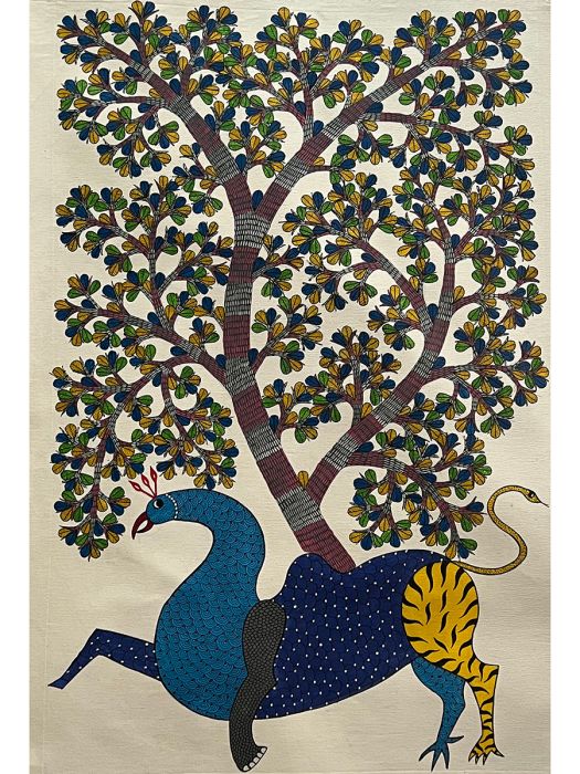 Handmade Tribal Gond Painting of peacock, deer, elephant, lion and snake manifested as a singularity