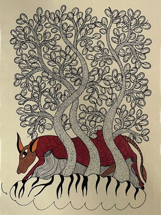 Handmade Tribal Gond Painting showing the oneness of nature
