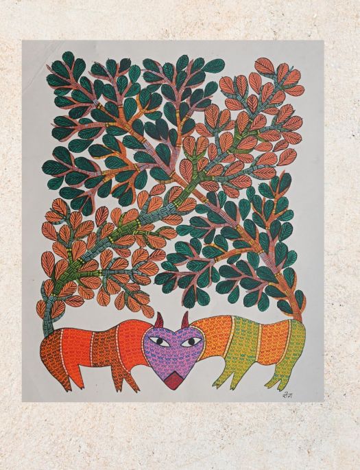 Handmade Tribal Gond painting of the Union of Nature