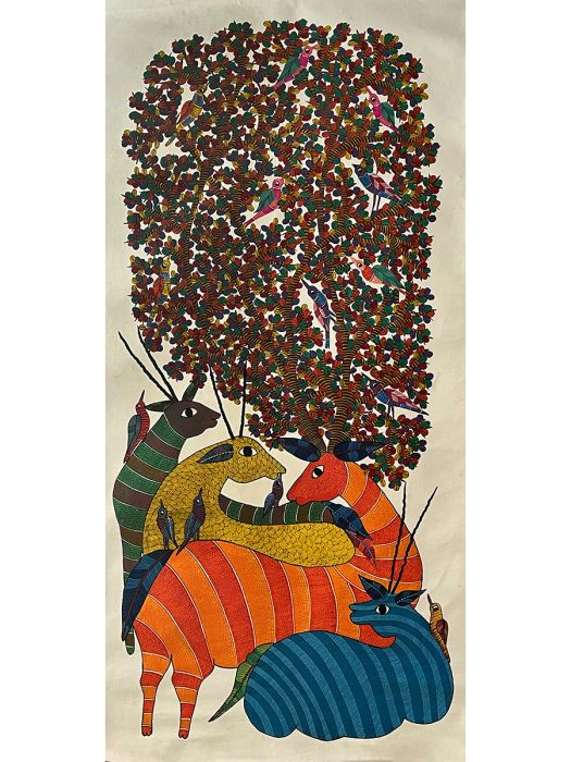 Handmade Tribal Gond Painting of a herd of deer resting under a tree