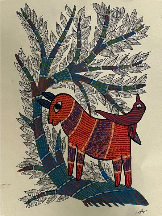Handmade Tribal Gond Painting of a deer in the forest