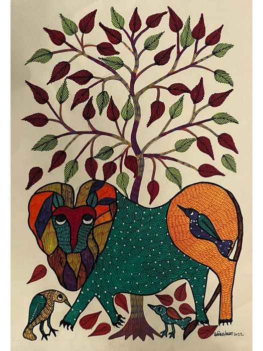 Handmade Tribal Gond Painting of the king of the jungle