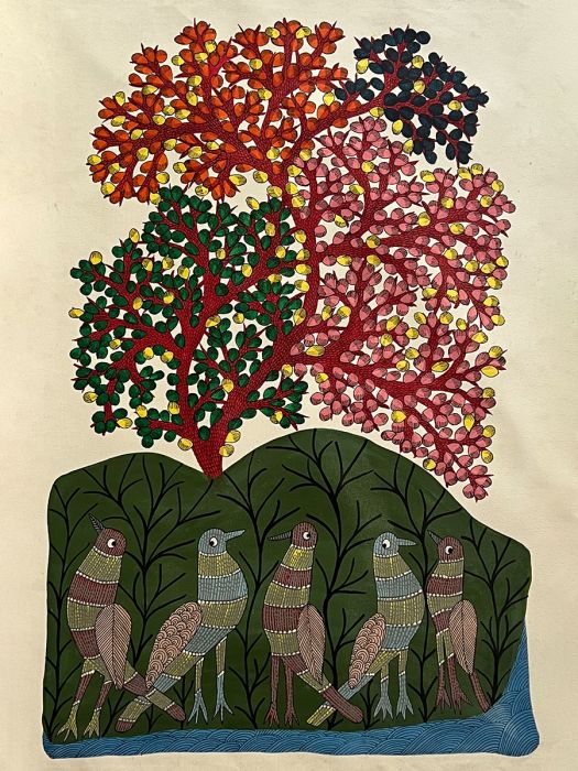 Handmade Tribal Gond Painting of the tree of life nurturing all life forms