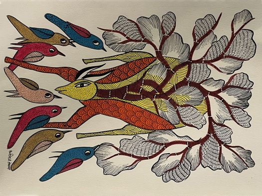 Handmade Tribal Gond Painting of a deer playing with birds in the jungle