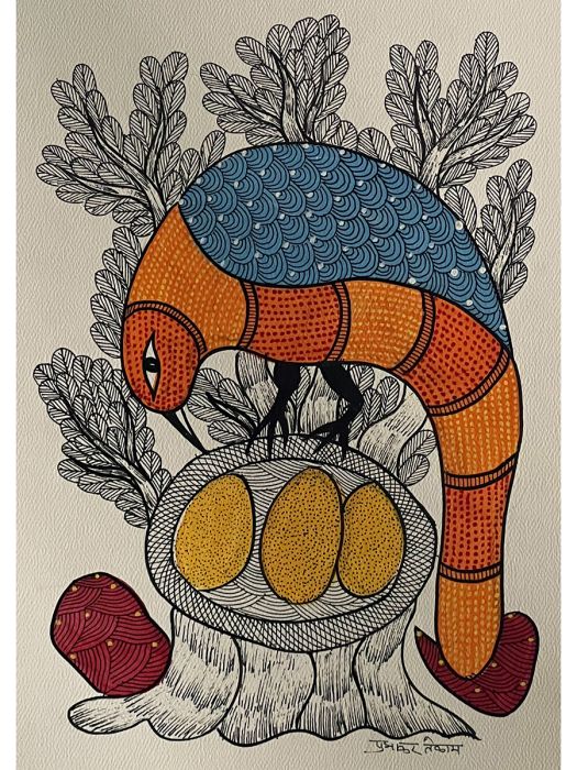 Handmade Tribal Gond Painting of a peacock protecting her eggs