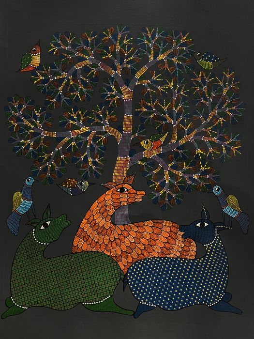 Handmade Tribal Gond Painting of night in the forest