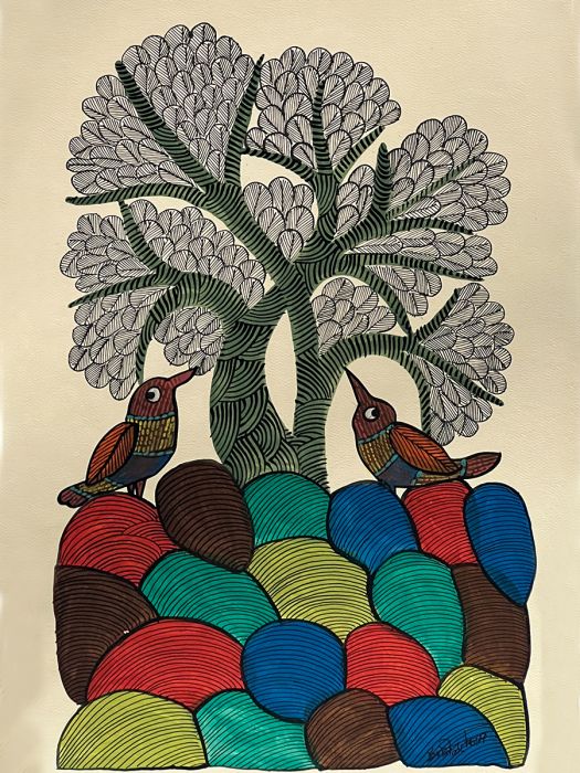Handmade Tribal Gond Painting of two young birds learning to fly