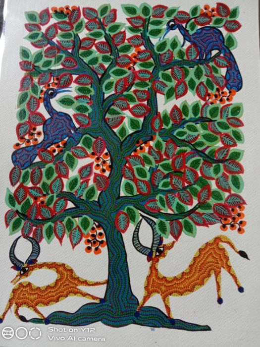 Deer & Peacock In The Forest Bhil Painting