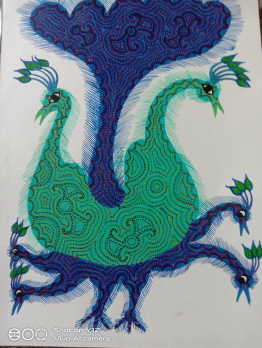 Handmade Tribal Bhil painting of peacocks with minute detailing