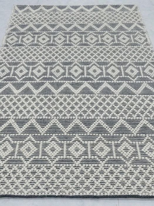 Hand made wool & cotton mix Boho rug -Beige & Grey Diamonds & Waves