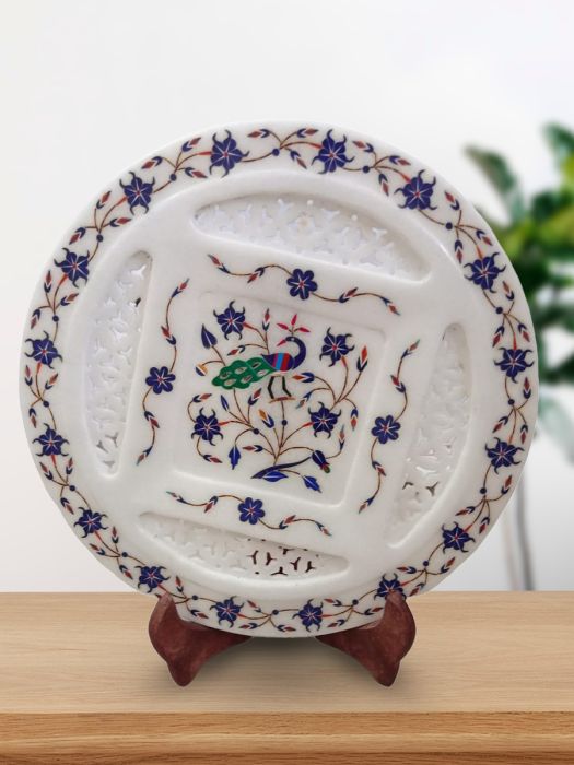 Handcarved marble decorative plate with delicate floral and peacock motiffs