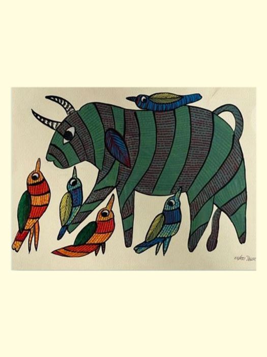 Handmade Tribal Gond Painting showing small birds playing with a buffalow