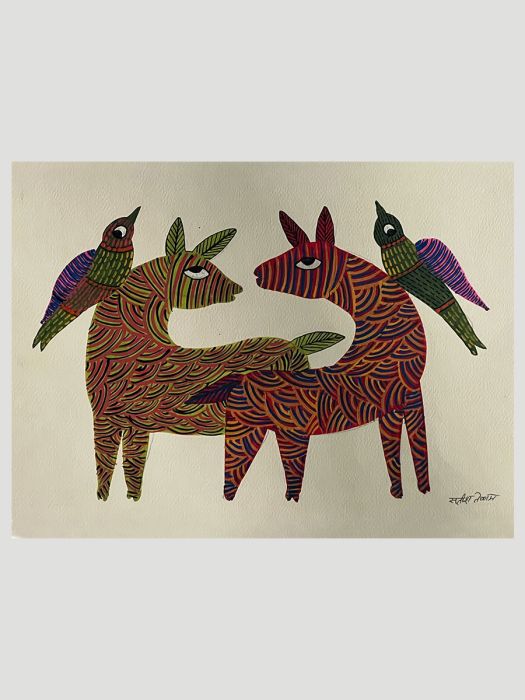 Handmade Tribal Gond Painting of a deer couple