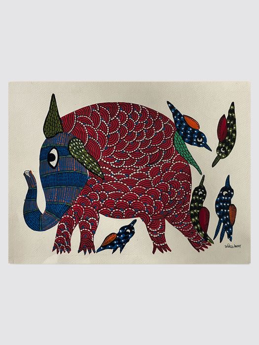 Handmade Tribal Gond Painting of little birds playing with an elephant