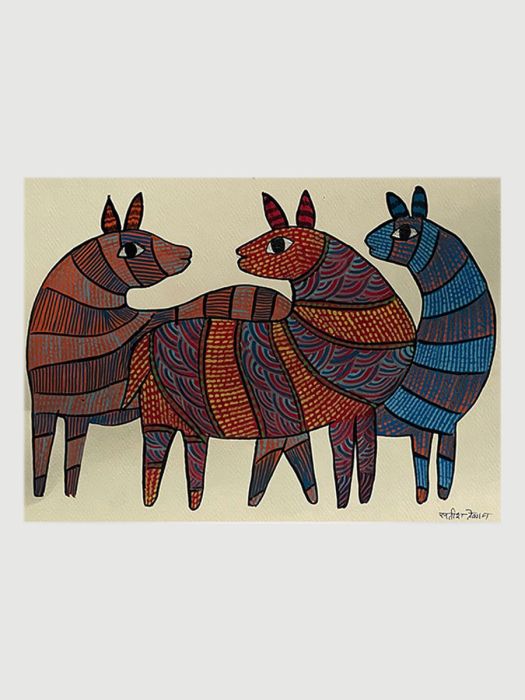 Handmade Tribal Gond Painting of a group of deer