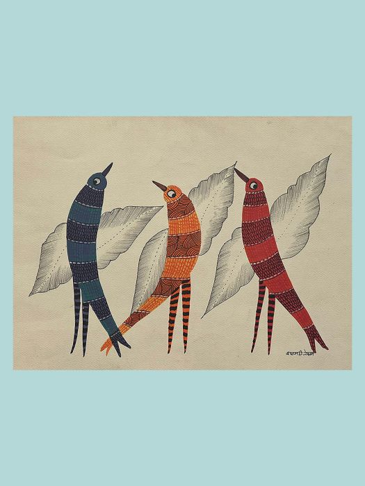 Handmade Tribal Gond Painting of a group of young birds fluttering their wings