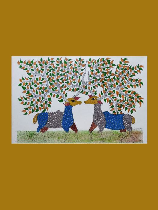 Handmade Tribal Gond Painting showing a deer couple as one with the forest