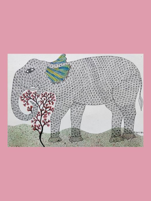 Handmade Tribal Gond Painting showing a lost elephant seeking its herd
