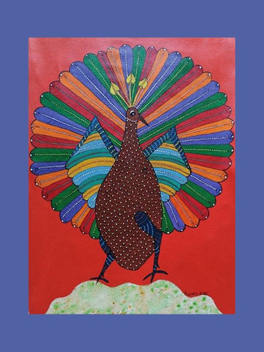 Handmade Traditional Tribal Gond painting of a Peacock