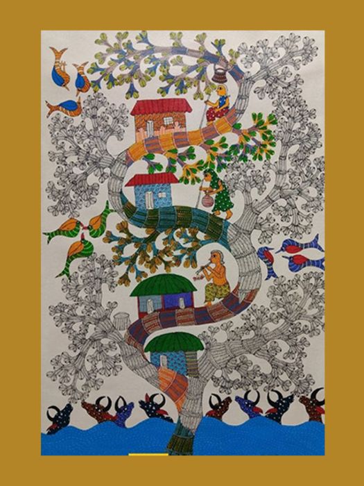Handmade Tribal Gond Painting showing tribal family tree living in harmony with nature