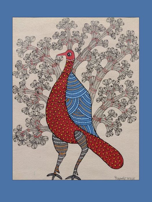 Handmade Tribal Gond Painting showing a mother bird collecting grains for her young ones