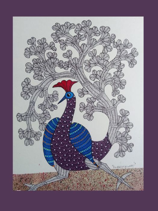 Handmade Tribal Gond Painting showing a peacock dancing in anticipation of the coming rains