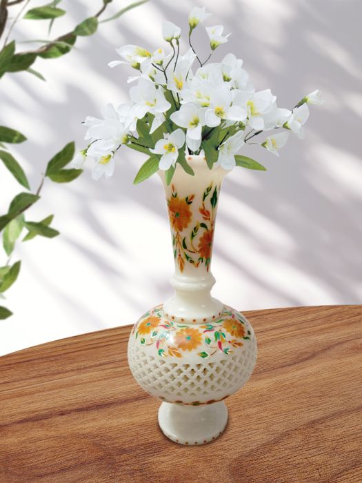 Handmade marble vase with floral inlay work and jali carving