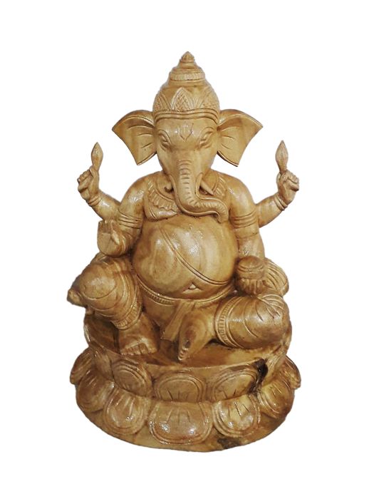 Hand carved wooden figure of Ganesha on Lotus Throne