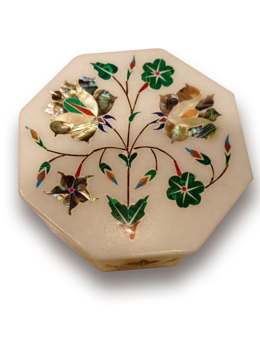 Handmade pure marble octagonal jewellery box with ornate flower motiffs