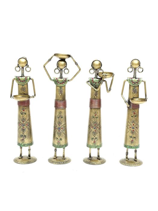 Handmade Tea Light Holders of Ladies in Intricate Golden Attire (Set of 4)