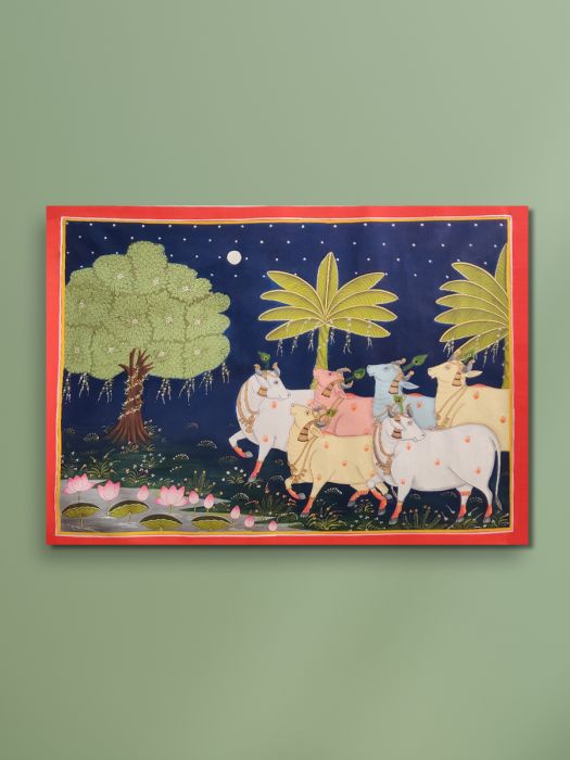 Traditional Pichwai painting of herd of cows at dusk at the lotus pool