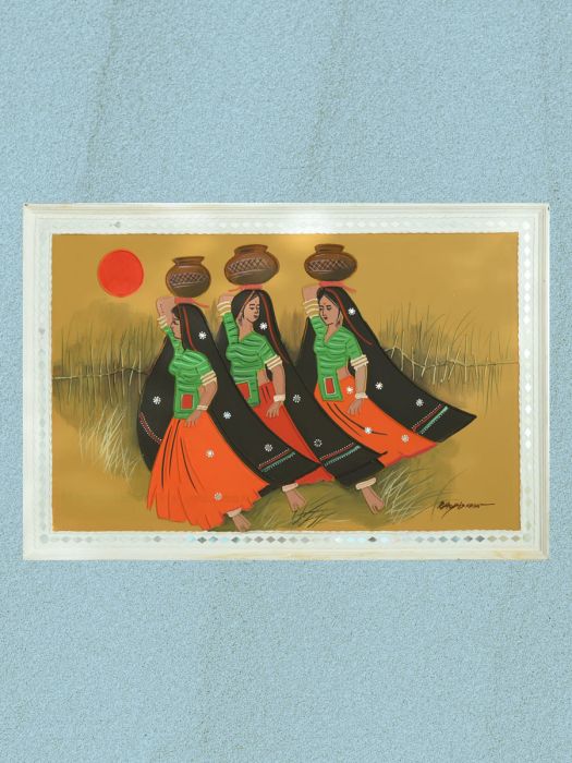 Traditional lippan art showcasing Dancing Women Fetching Water 