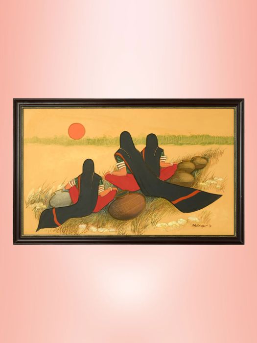 Traditional lippan art showcasing Women Enjoying Sunrise on the Way to Fetch Water 