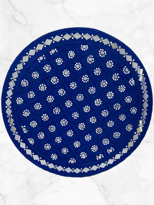 Traditional lippan art with mirrors on blue circular disc