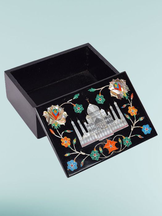 Handmade pure black marble Taj Mahal box with inlay work with semi-precious stones