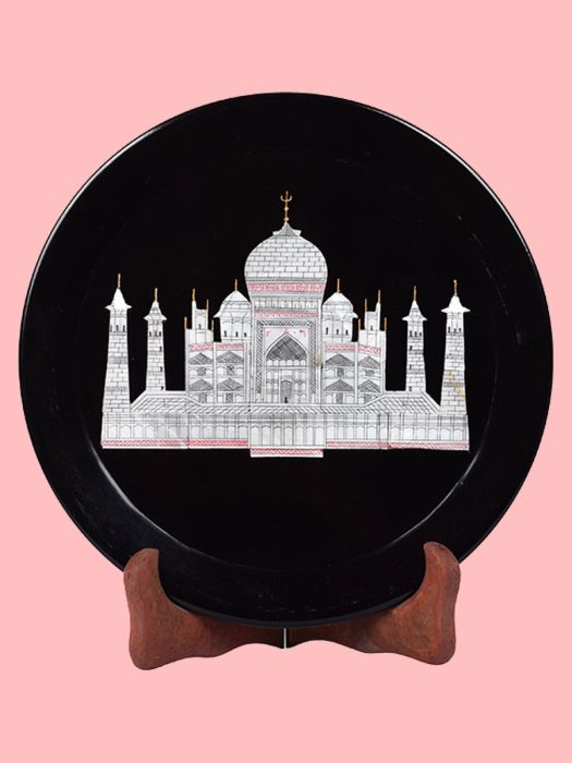 Handmade pure black marble decorative plate with inlay work