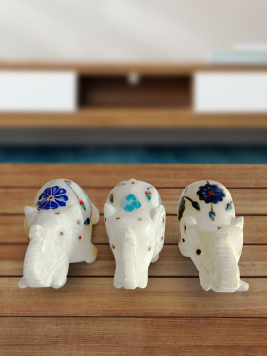 Handmade alabaster elephant with intricate inlay work using semi-precious stones (Set of 3)