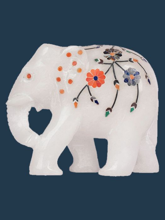 Hand made pure Italian marble elephant with inlay work using semi-precious stones