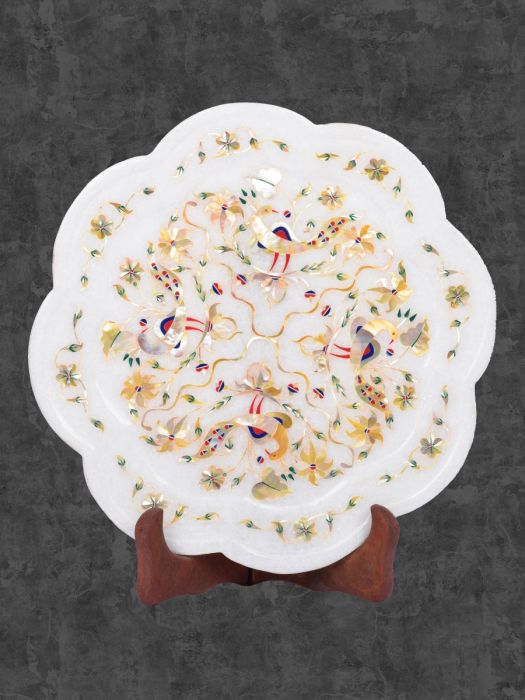 Hand carved pure marble decorative plate with semi-precious stone inlay work