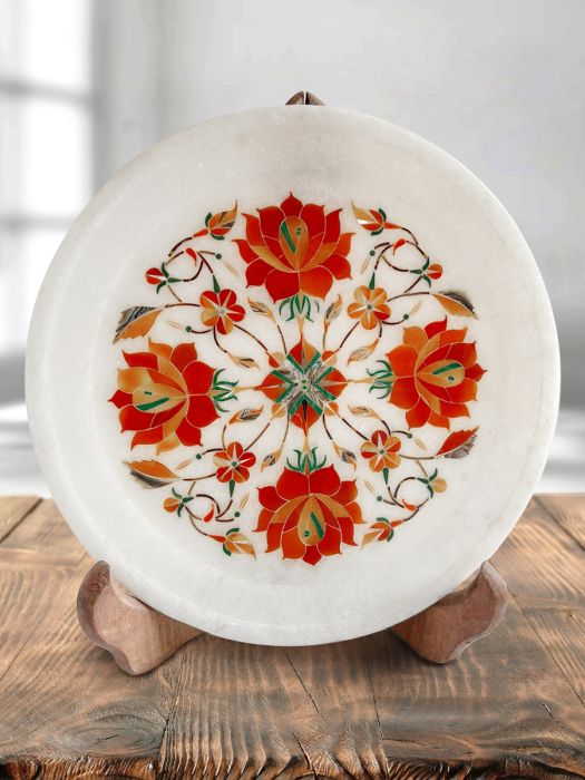 Handmade makrana marble decorative plate with semi-precious stone inlay work with stand Red Rose Motif