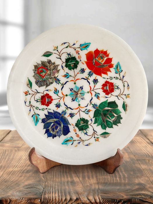 Handmade makrana marble decorative plate with detailed semi-precious stone inlay work with stand 4 Flower Motif