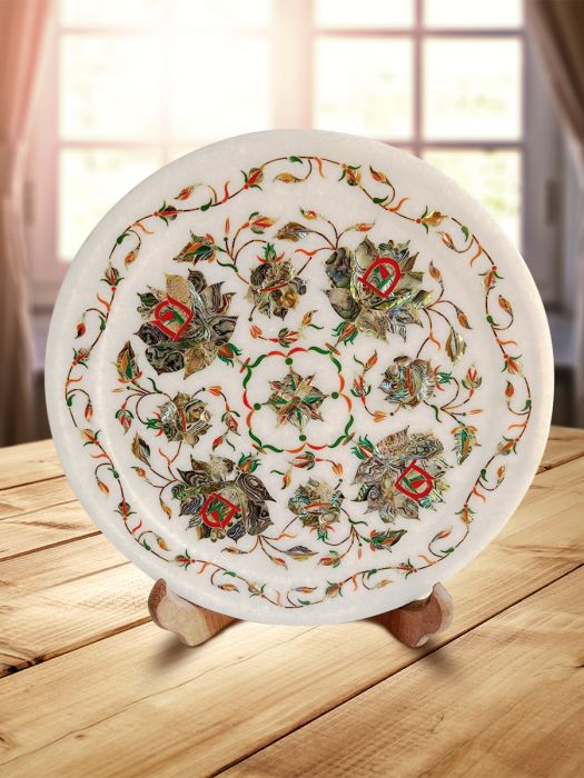 Handmade makrana marble decorative plate with detailed semi-precious stone inlay work with stand Large & Small Floral Motif