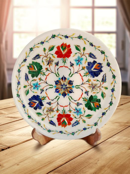 Handmade makrana marble decorative plate with detailed semi-precious stone inlay work with stand Multi-colour Floral Motif
