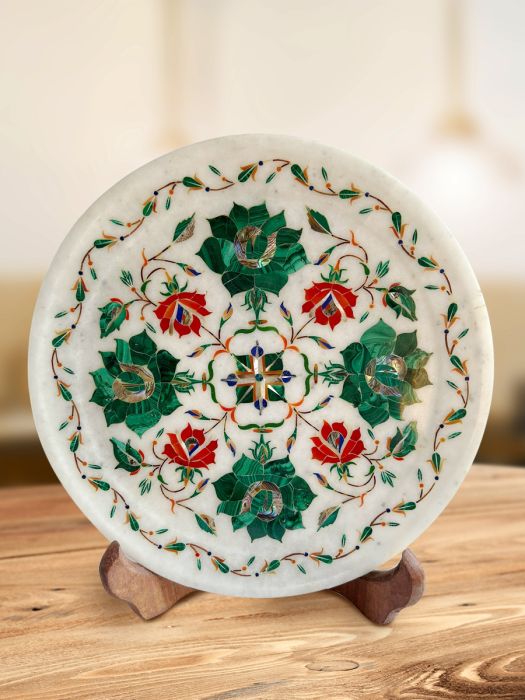 Handmade makrana marble decorative plate with detailed semi-precious stone inlay work with stand Green and Red Floral Motif