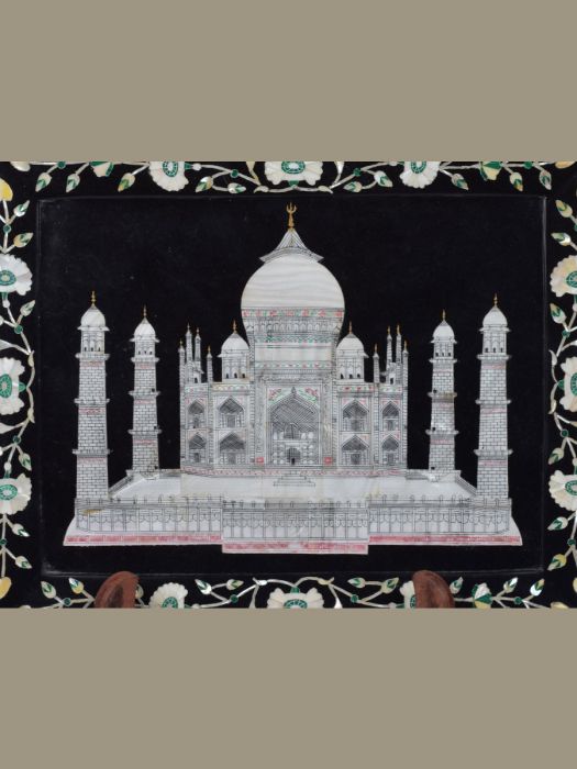 Hand made pure black marble decorative plate with inlay work with semi-precious stones